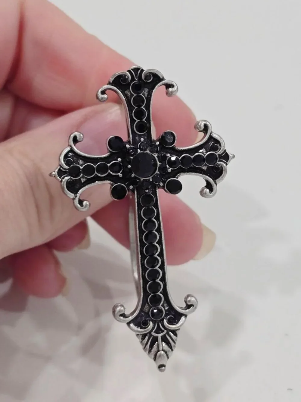 Killstar ✦ Mea Culpa Gothic Cross Ring ✦ Silver Black Crystal Double Band 9 NIP
